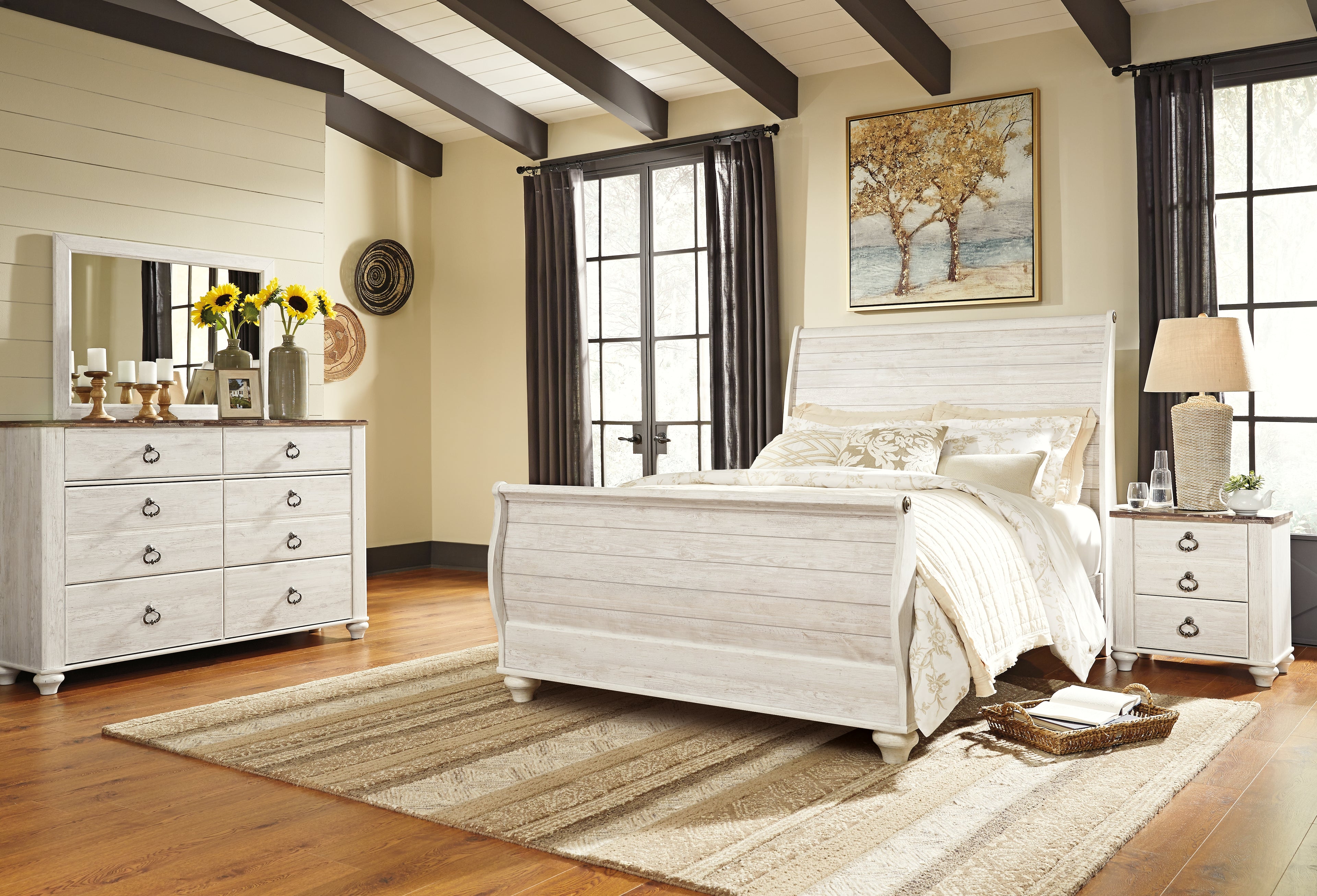 Willowton Whitewash Queen Bed, Dresser, Mirror and Chest - B267B58