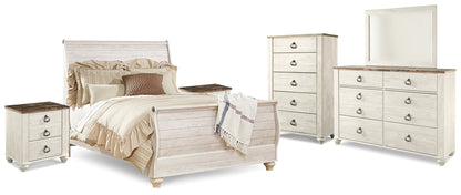 Willowton Whitewash Queen Sleigh Bed, 2 Dressers, Mirror, Chest and 2 Nightstands - B267B39