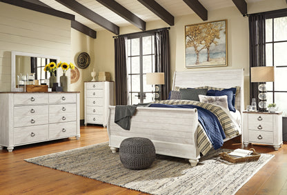 Willowton Whitewash Queen Sleigh Bed, 2 Dressers, Mirror, Chest and 2 Nightstands - B267B39
