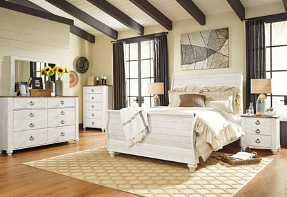 Willowton Whitewash Queen Sleigh Bed, 2 Dressers, Mirror, Chest and 2 Nightstands - B267B39