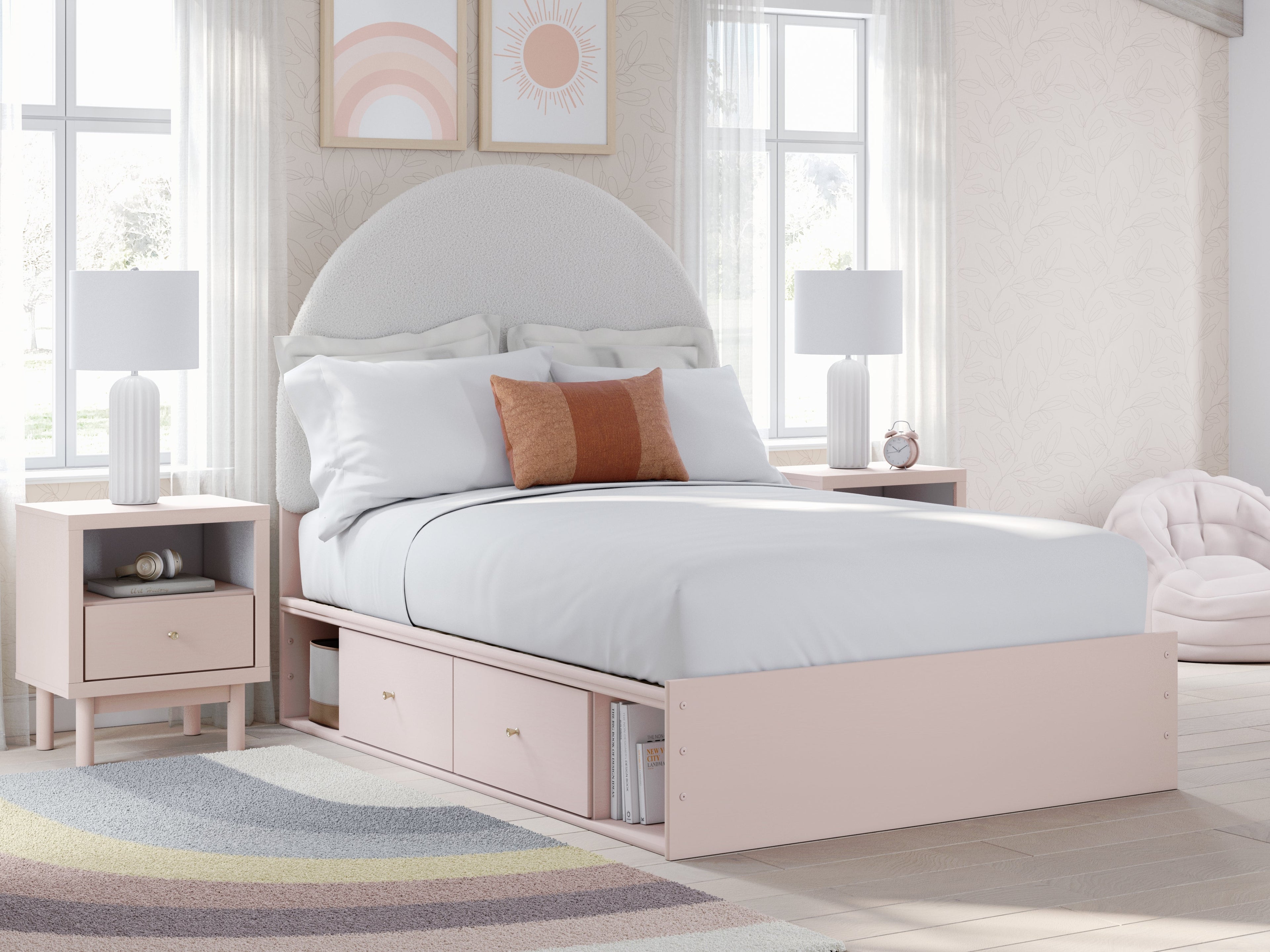 Wistenpine Full Upholstered Panel Headboard with Dresser and 2 Nightstands in Blush - PKG018933