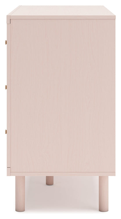 Wistenpine Full Upholstered Panel Headboard with Dresser and 2 Nightstands in Blush - PKG018933