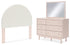 Wistenpine Full Upholstered Panel Headboard with Mirrored Dresser in Blush - PKG018712