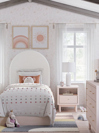 Wistenpine Twin Upholstered Panel Bed with Mirrored Dresser and Nightstand in Blush - PKG018718