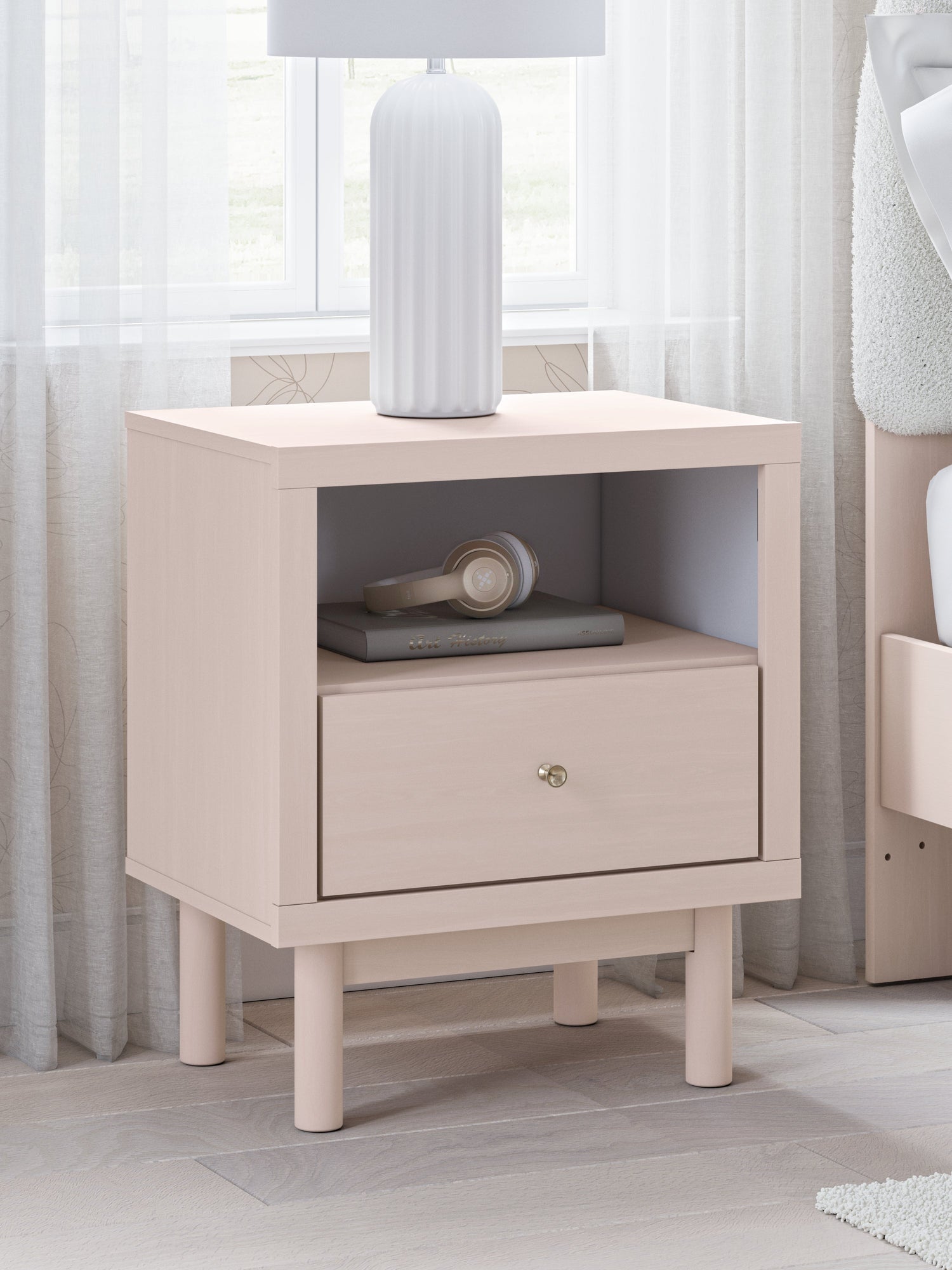 Wistenpine Twin Upholstered Panel Bed with Nightstand in Blush - PKG018938