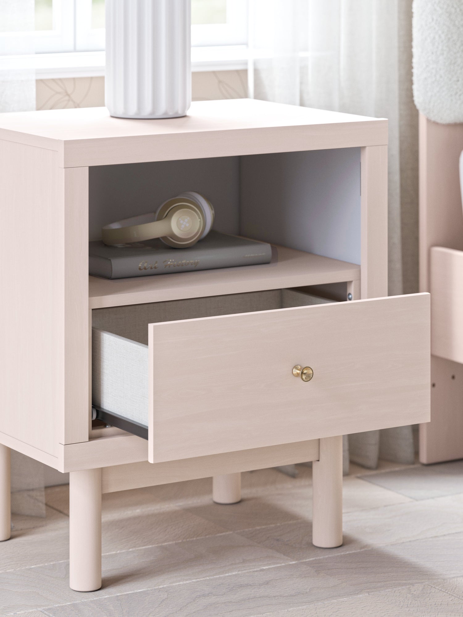 Wistenpine Twin Upholstered Panel Bed with Nightstand in Blush - PKG018938