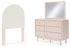 Wistenpine Twin Upholstered Panel Headboard with Mirrored Dresser in Blush - PKG018707