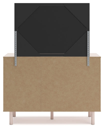 Wistenpine Twin Upholstered Panel Headboard with Mirrored Dresser in Blush - PKG018707