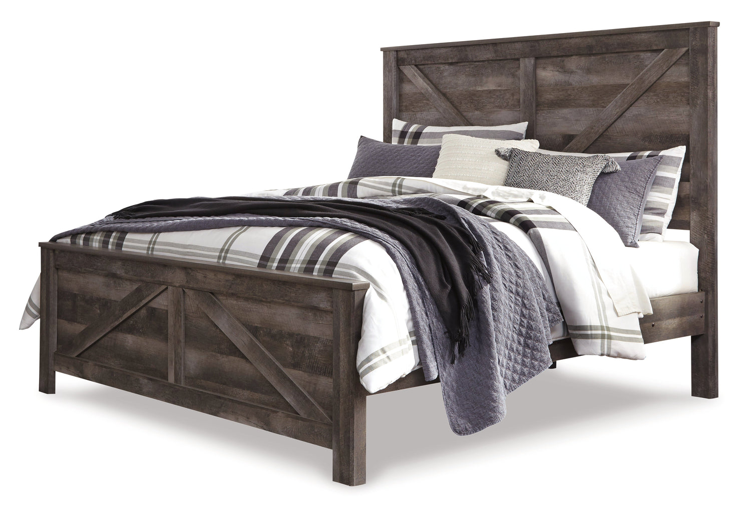Wynnlow King Crossbuck Panel Bed with Mirrored Dresser and Chest in Gray - PKG005687