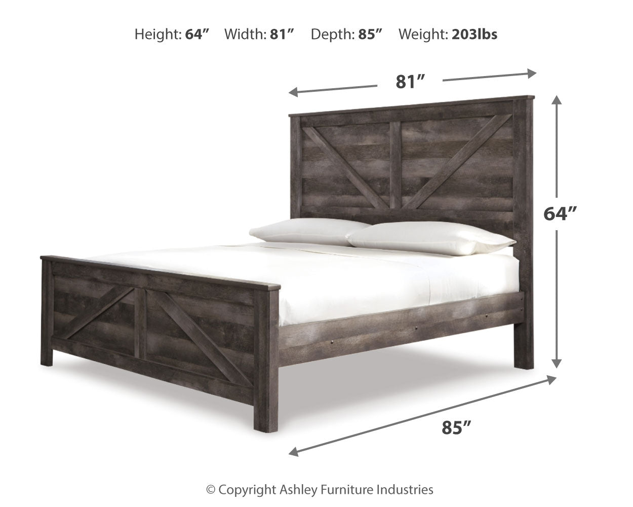 Wynnlow King Crossbuck Panel Bed with Mirrored Dresser, Chest and Nightstand in Gray - PKG005695