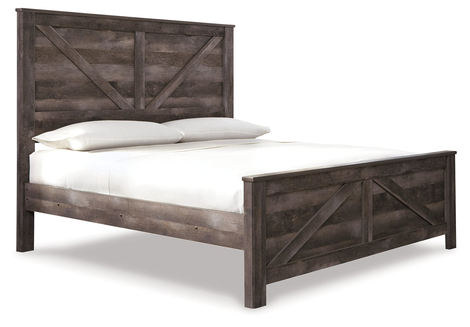 Wynnlow King Crossbuck Panel Bed with Mirrored Dresser, Chest and Nightstand in Gray - PKG005695