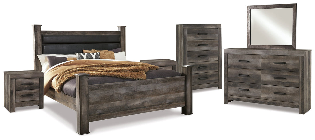 Wynnlow King Poster Bed with Mirrored Dresser, Chest and 2 Nightstands in Gray - PKG006363