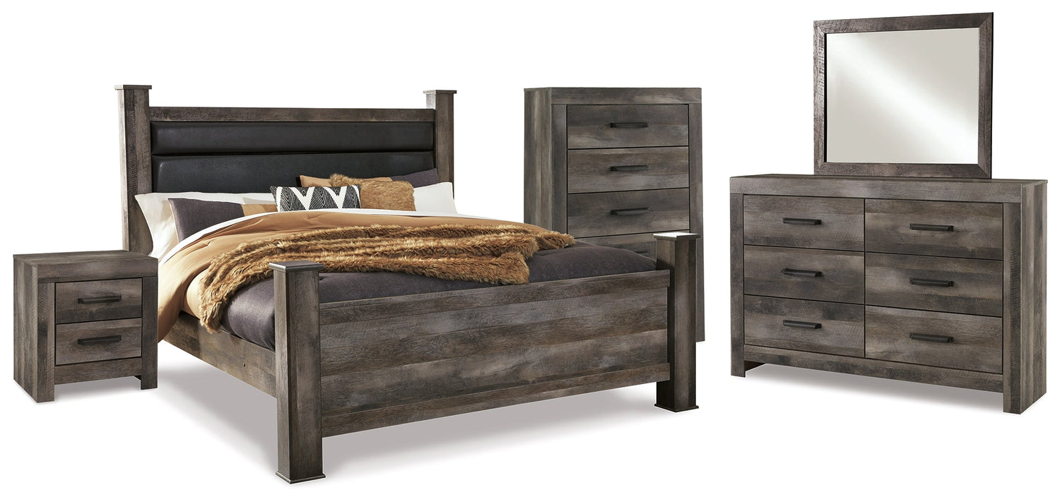 Wynnlow King Poster Bed with Mirrored Dresser, Chest and Nightstand in Gray - PKG005698