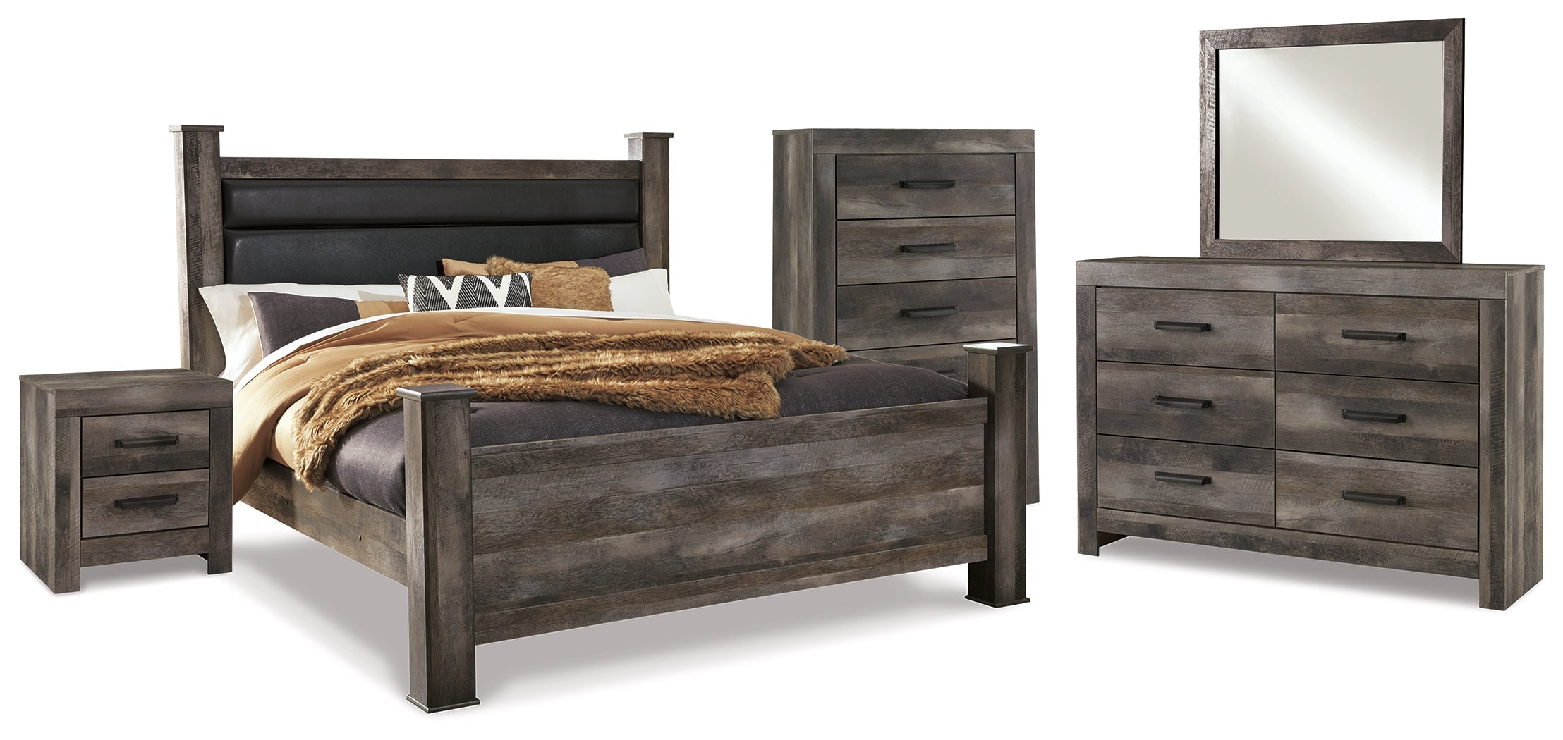 Wynnlow King Poster Bed with Mirrored Dresser, Chest and Nightstand in Gray - PKG005698