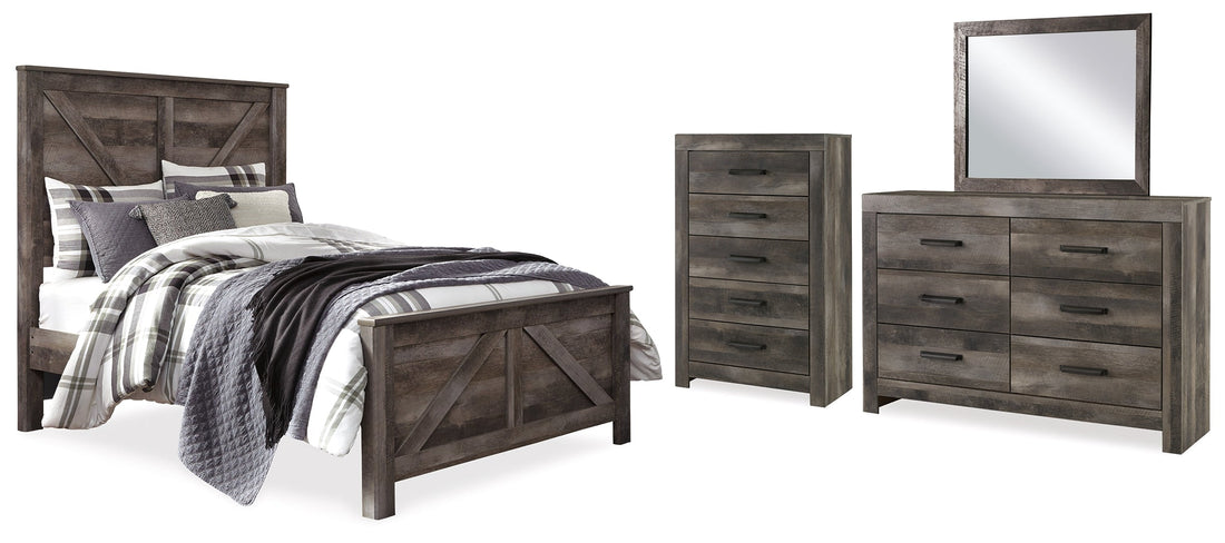 Wynnlow Queen Crossbuck Panel Bed with Mirrored Dresser and Chest in Gray - PKG005692