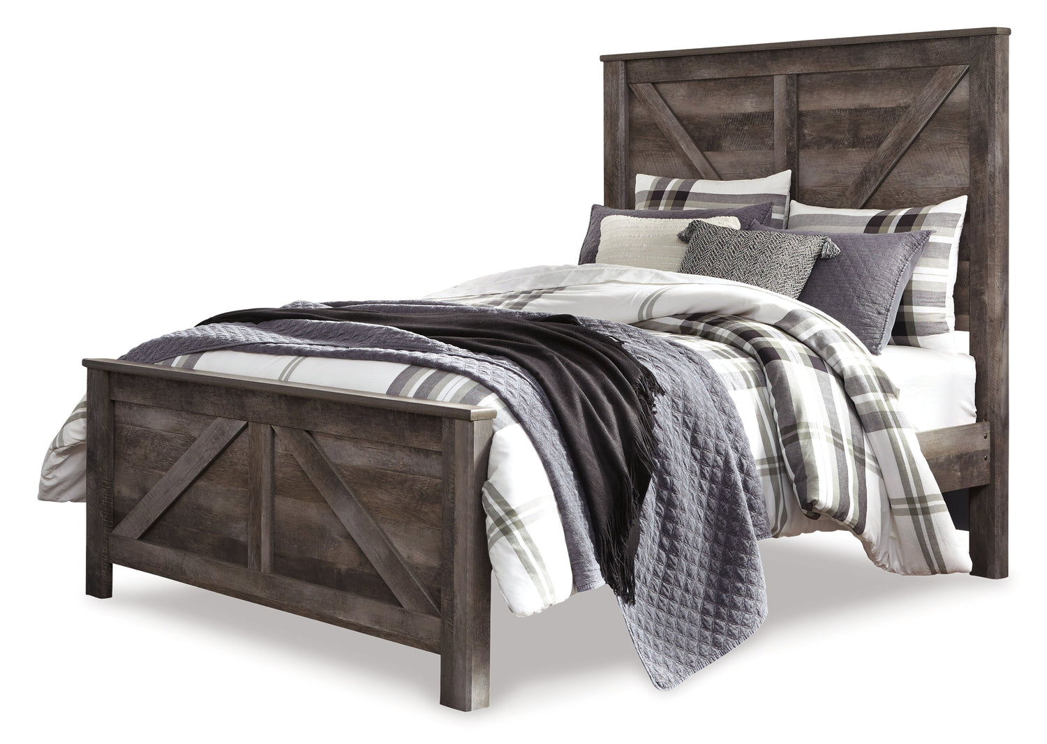 Wynnlow Queen Crossbuck Panel Bed with Mirrored Dresser and Chest in Gray - PKG005692