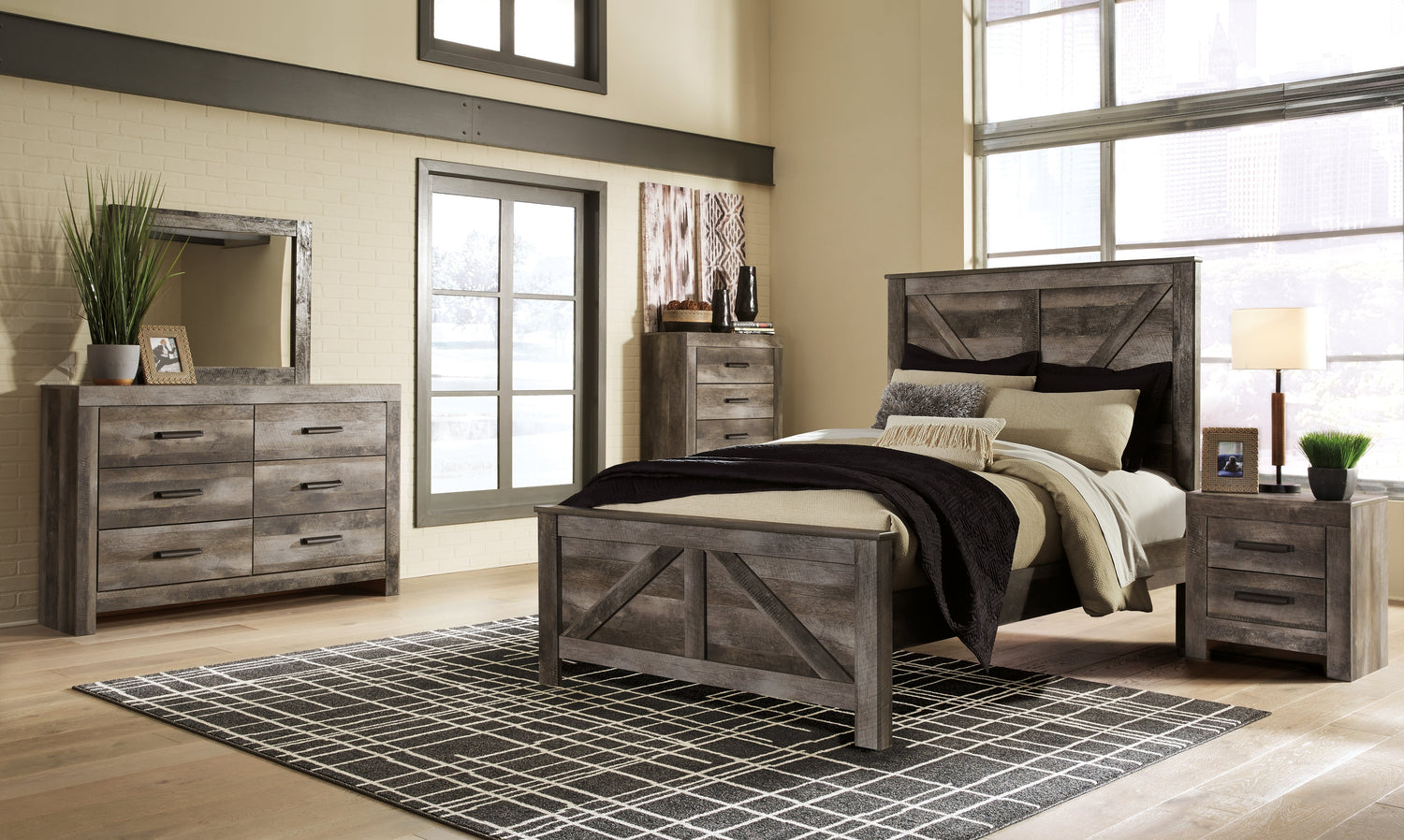 Wynnlow Queen Crossbuck Panel Bed with Mirrored Dresser, Chest and 2 Nightstands in Gray - PKG006369