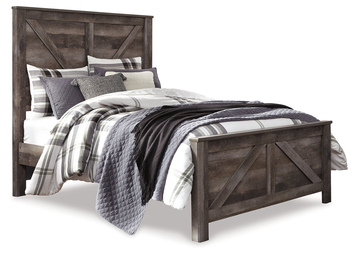 Wynnlow Queen Crossbuck Panel Bed with Mirrored Dresser, Chest and 2 Nightstands in Gray - PKG006369