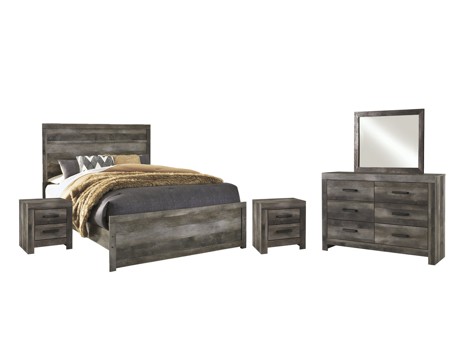 Wynnlow Queen Panel Bed with Mirrored Dresser and 2 Nightstands in Gray - PKG005402