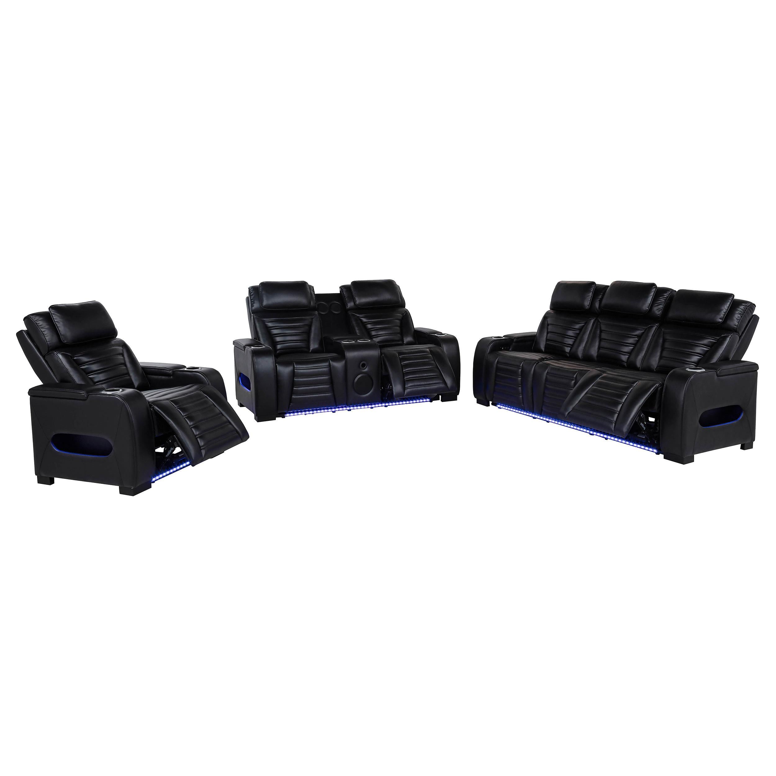 Zuma 3-piece Faux Leather Dual Power LED Sofa Set Black - 603251PP-S3