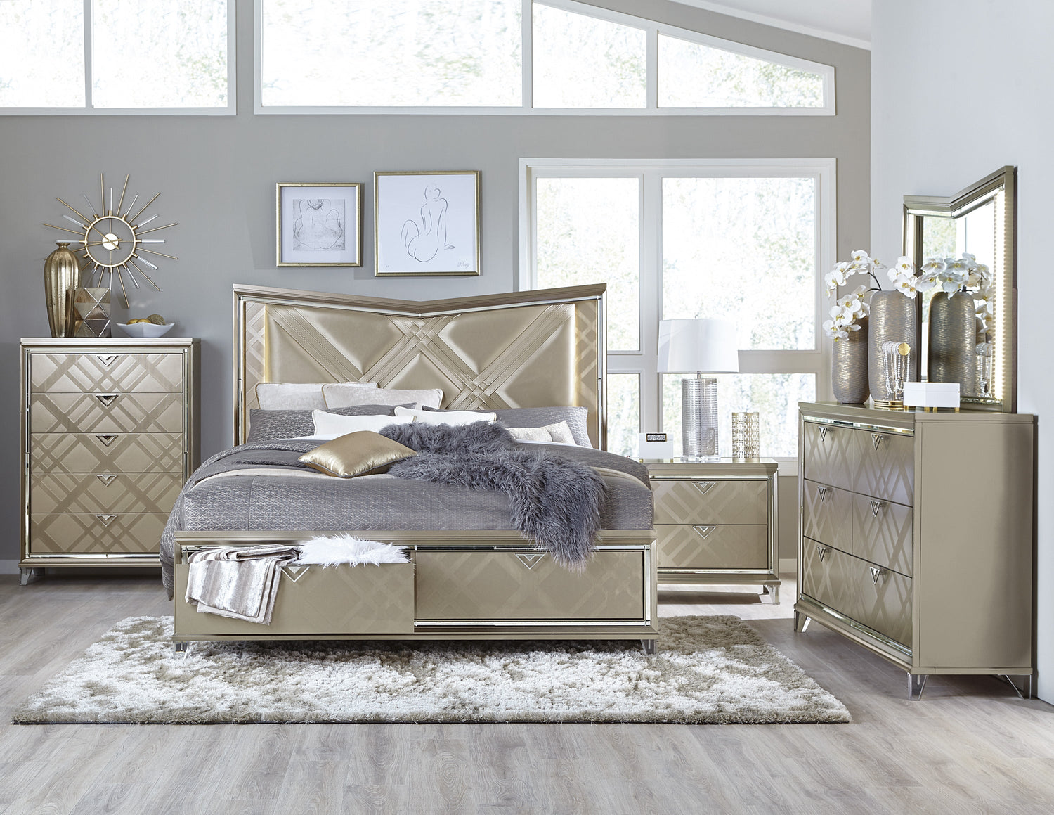 1522K-1EK* (3)K BED W/ FB STRGE &amp; LED, CHAMPAGNE PU PANEL - 1522K-1EK* - Bien Home Furniture &amp; Electronics
