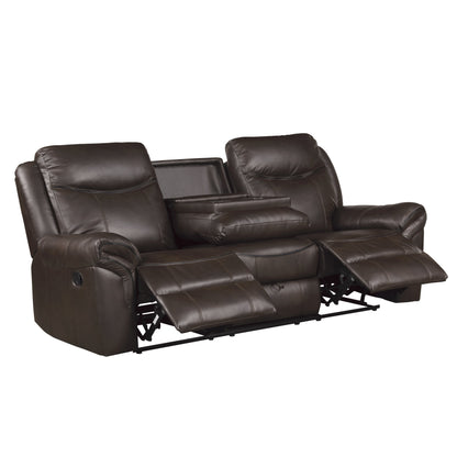 8206BRW-3 Double Reclining Sofa with Center Drop-Down Cup Holders, Receptacles, Hidden Drawer and USB Ports - 8206BRW-3 - Bien Home Furniture &amp; Electronics