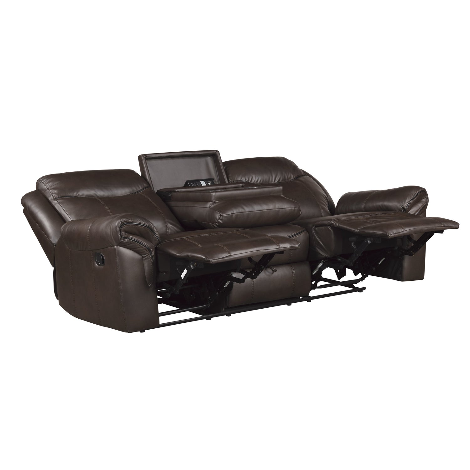 8206BRW-3 Double Reclining Sofa with Center Drop-Down Cup Holders, Receptacles, Hidden Drawer and USB Ports - 8206BRW-3 - Bien Home Furniture &amp; Electronics