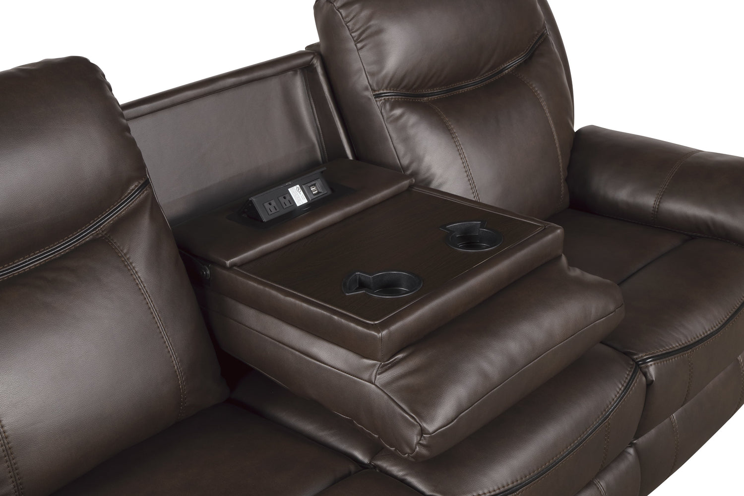 8206BRW-3 Double Reclining Sofa with Center Drop-Down Cup Holders, Receptacles, Hidden Drawer and USB Ports - 8206BRW-3 - Bien Home Furniture &amp; Electronics