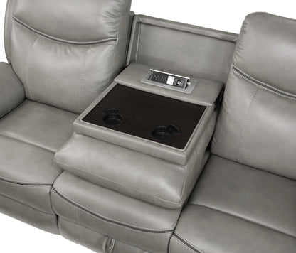 8206GRY-3 Double Reclining Sofa with Center Drop-Down Cup Holders, Receptacles, Hidden Drawer and USB Ports - 8206GRY-3 - Bien Home Furniture &amp; Electronics