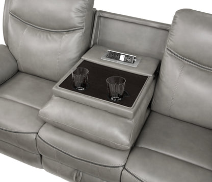 8206GRY-3 Double Reclining Sofa with Center Drop-Down Cup Holders, Receptacles, Hidden Drawer and USB Ports - 8206GRY-3 - Bien Home Furniture &amp; Electronics