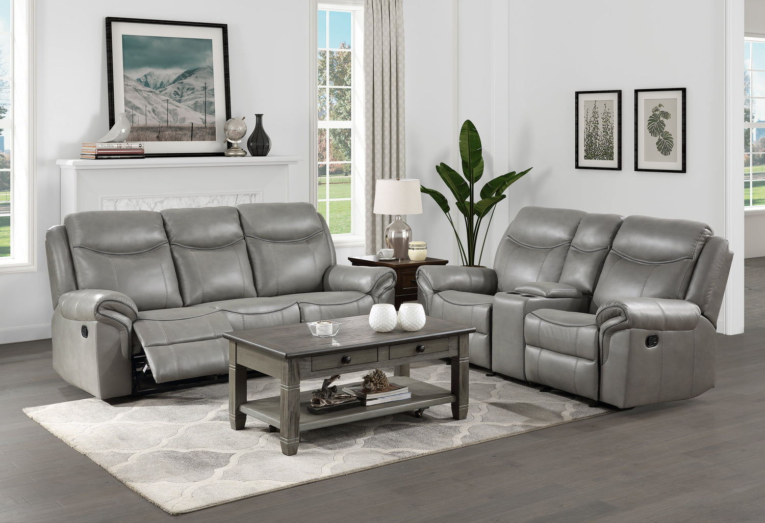 8206GRY-3 Double Reclining Sofa with Center Drop-Down Cup Holders, Receptacles, Hidden Drawer and USB Ports - 8206GRY-3 - Bien Home Furniture &amp; Electronics