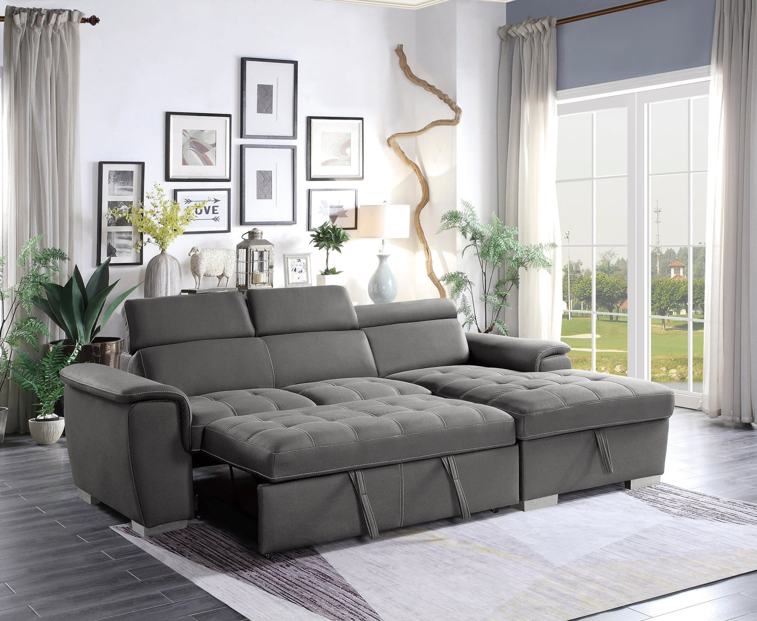 8228GY* (2)2-Piece Sectional with Adjustable Headrests, Pull-out Bed and Right Chaise with Hidden Storage - 8228GY* - Bien Home Furniture &amp; Electronics