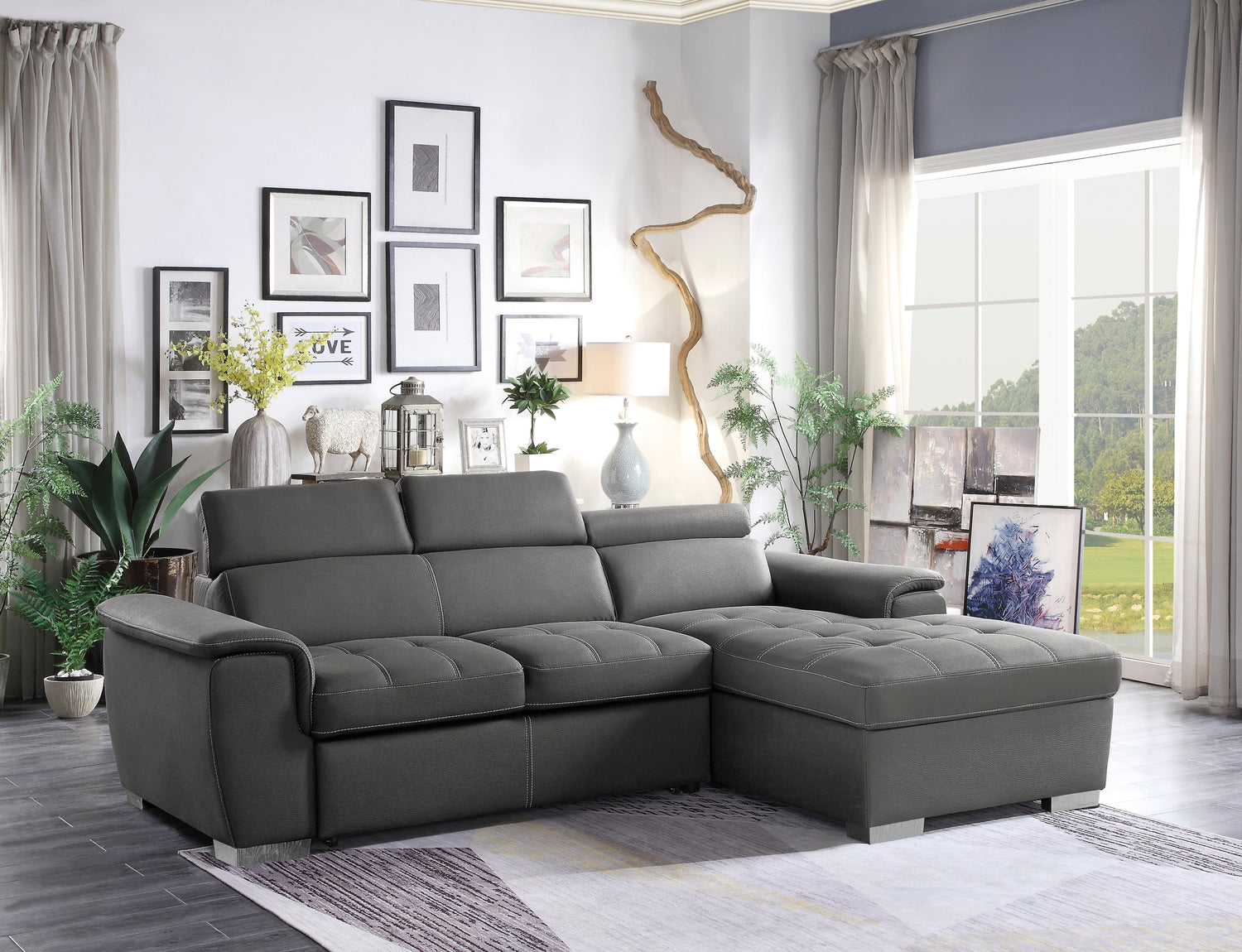 8228GY* (2)2-Piece Sectional with Adjustable Headrests, Pull-out Bed and Right Chaise with Hidden Storage - 8228GY* - Bien Home Furniture &amp; Electronics