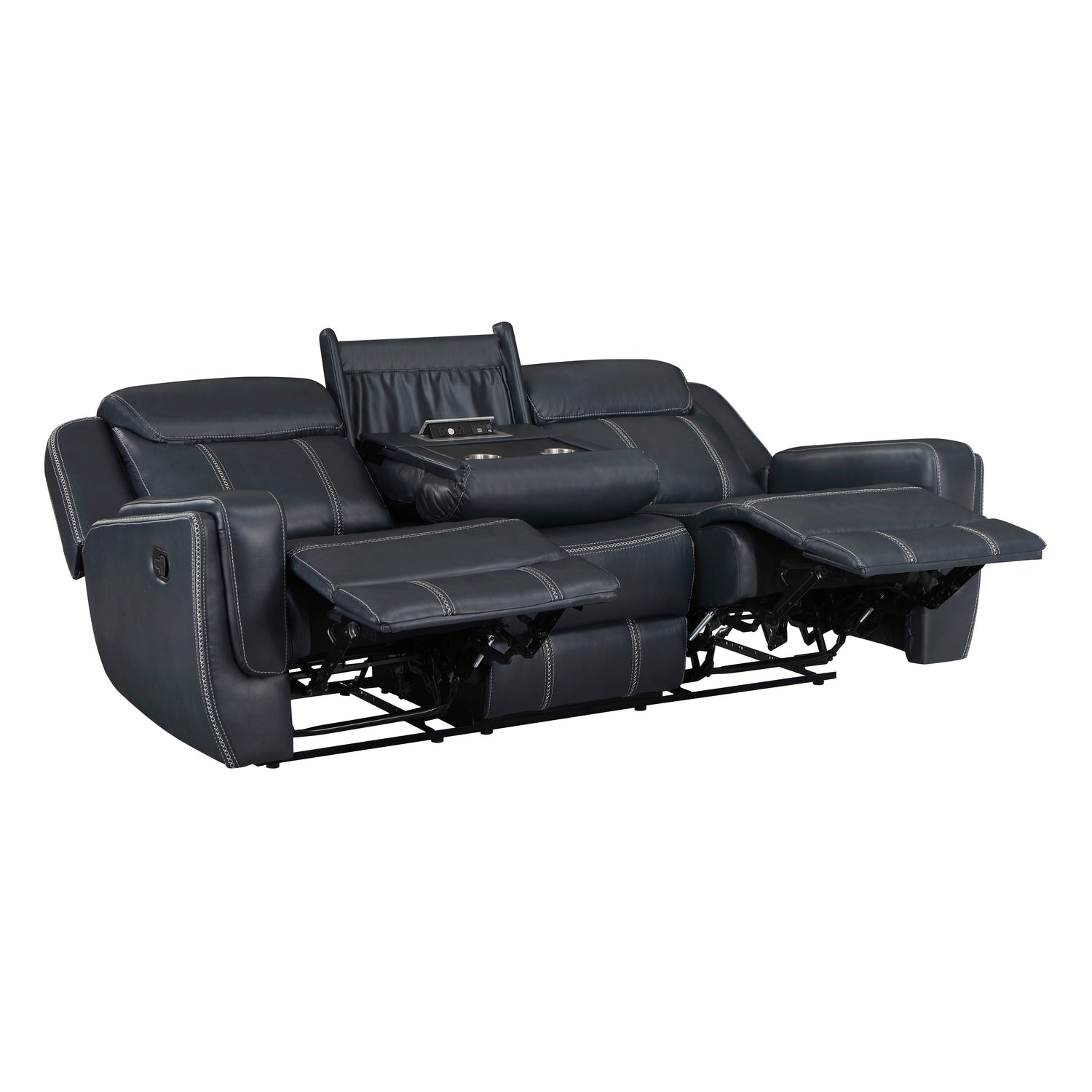 8516BU-3 Double Reclining Sofa with Center Drop-Down Cup Holders, Magazine bag, Receptacles and USB Ports - 8516BU-3 - Bien Home Furniture &amp; Electronics