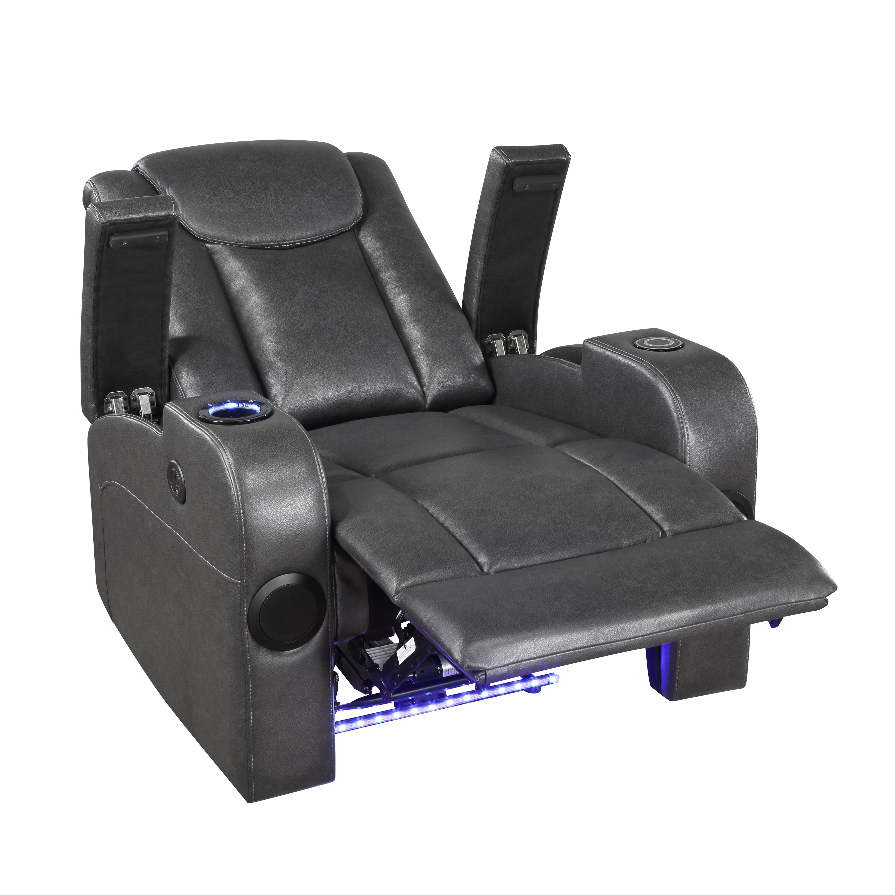 8522GRY-1PW Power Reclining Chair with Wireless Charger, Cooling Cup-Holder, Storage Arms, Speakers, LED Light and USB port - 8522GRY-1PW - Bien Home Furniture &amp; Electronics