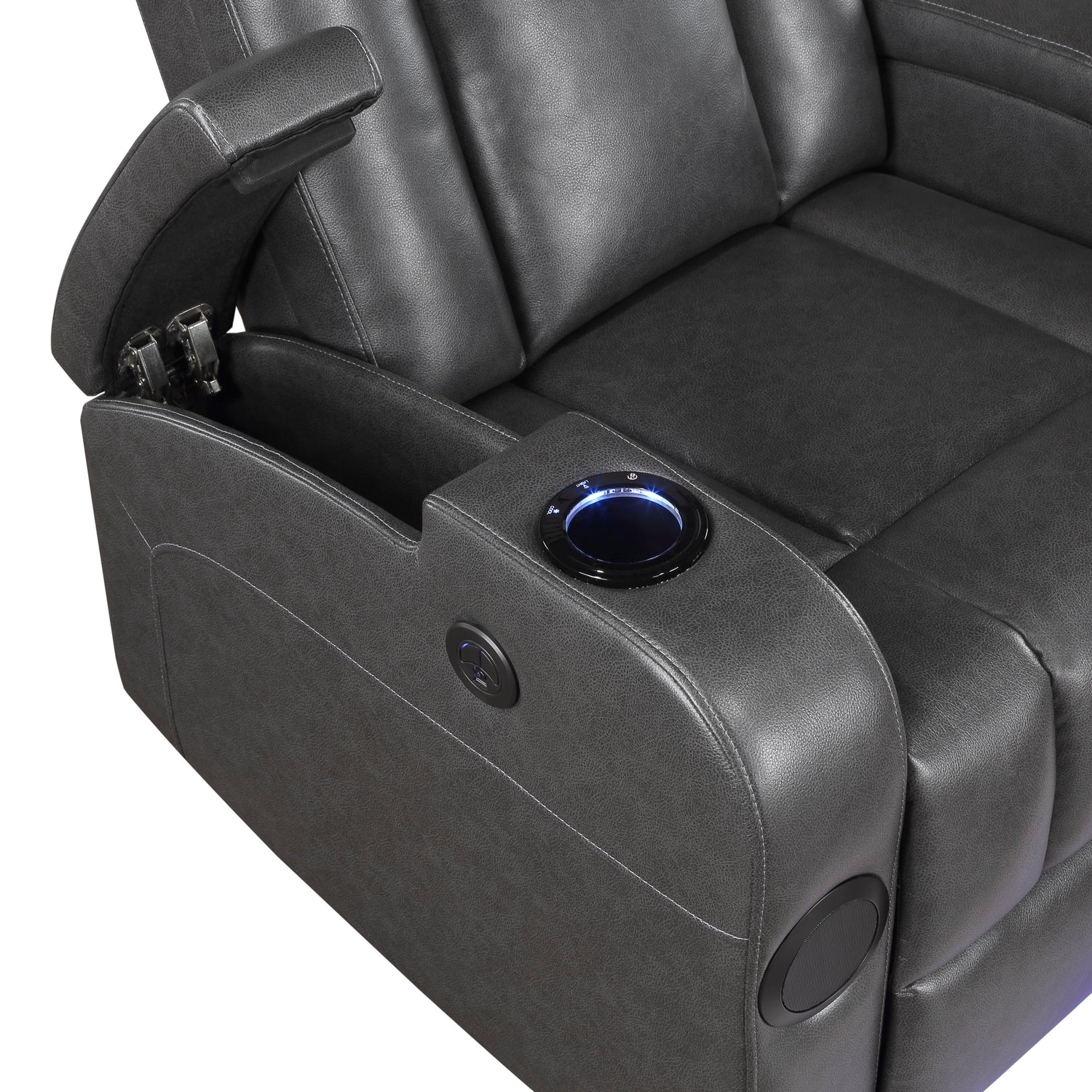 8522GRY-1PW Power Reclining Chair with Wireless Charger, Cooling Cup-Holder, Storage Arms, Speakers, LED Light and USB port - 8522GRY-1PW - Bien Home Furniture &amp; Electronics