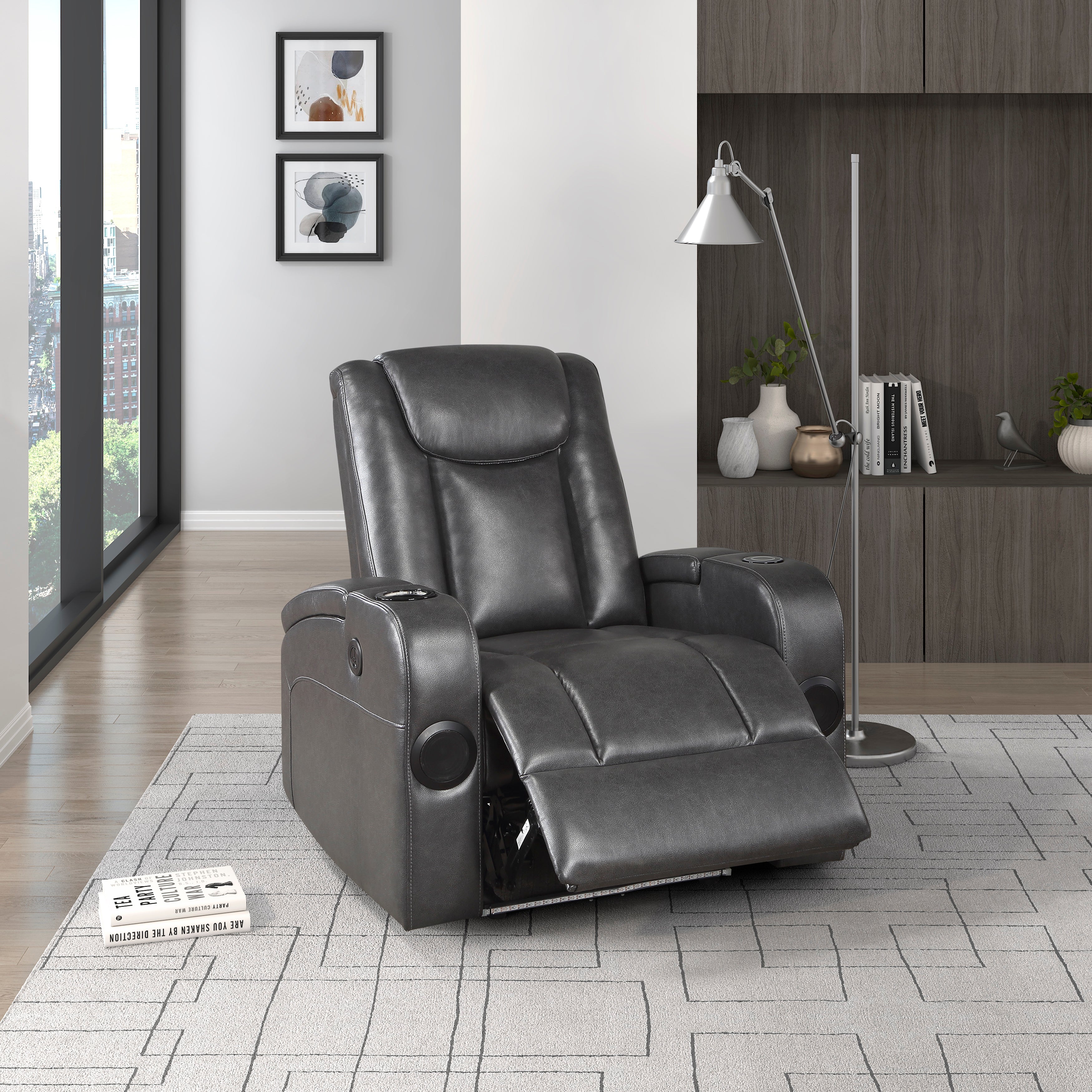 8522GRY-1PW Power Reclining Chair with Wireless Charger, Cooling Cup-Holder, Storage Arms, Speakers, LED Light and USB port - 8522GRY-1PW - Bien Home Furniture &amp; Electronics