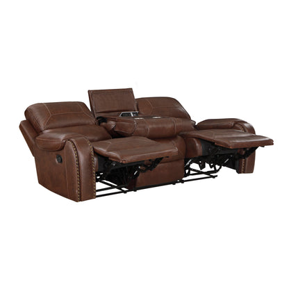 8549BRW-3 Double Reclining Sofa with Center Drop-Down Cup Holders, Receptacles and USB Ports - 8549BRW-3 - Bien Home Furniture &amp; Electronics