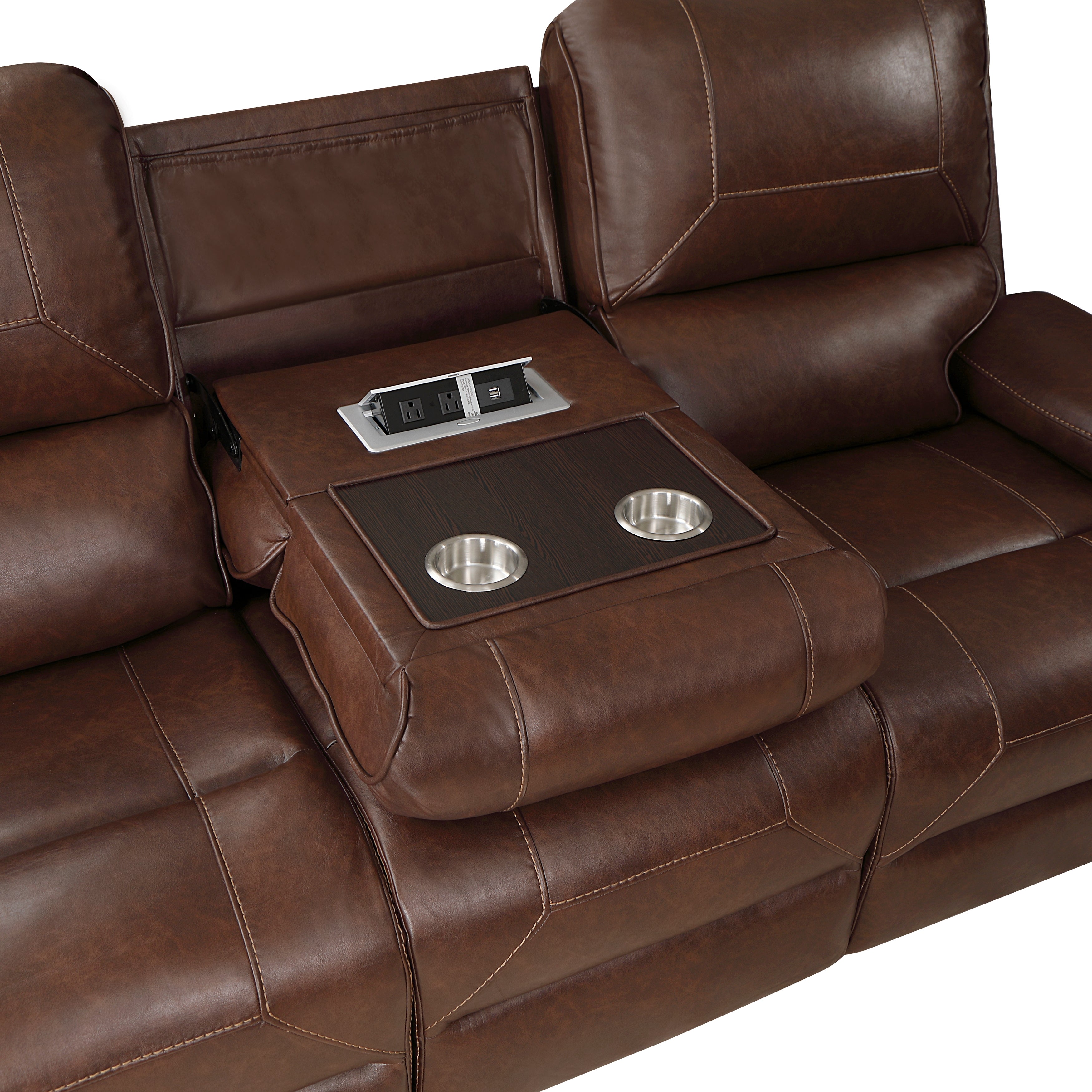 8549BRW-3 Double Reclining Sofa with Center Drop-Down Cup Holders, Receptacles and USB Ports - 8549BRW-3 - Bien Home Furniture &amp; Electronics