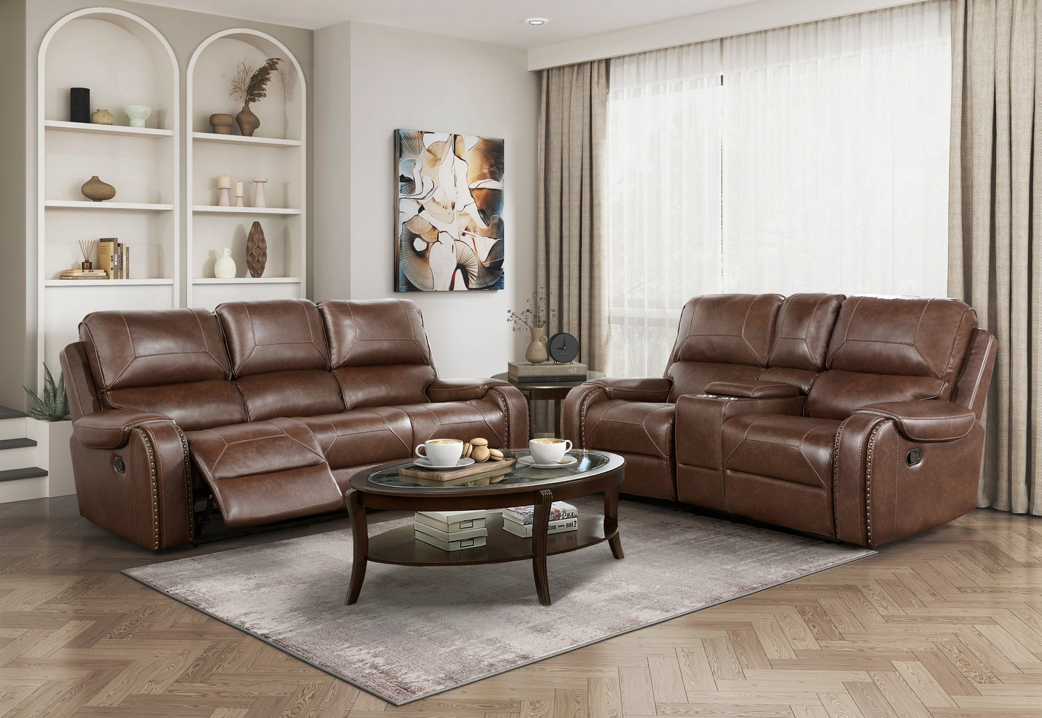 8549BRW-3 Double Reclining Sofa with Center Drop-Down Cup Holders, Receptacles and USB Ports - 8549BRW-3 - Bien Home Furniture &amp; Electronics