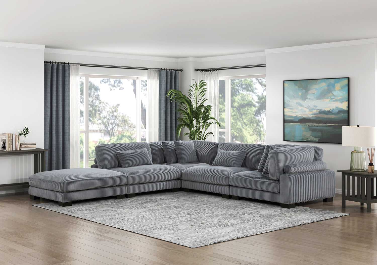 8555GY*5OT (5)5-Piece Modular Sectional with Ottoman - 8555GY*5OT - Bien Home Furniture &amp; Electronics