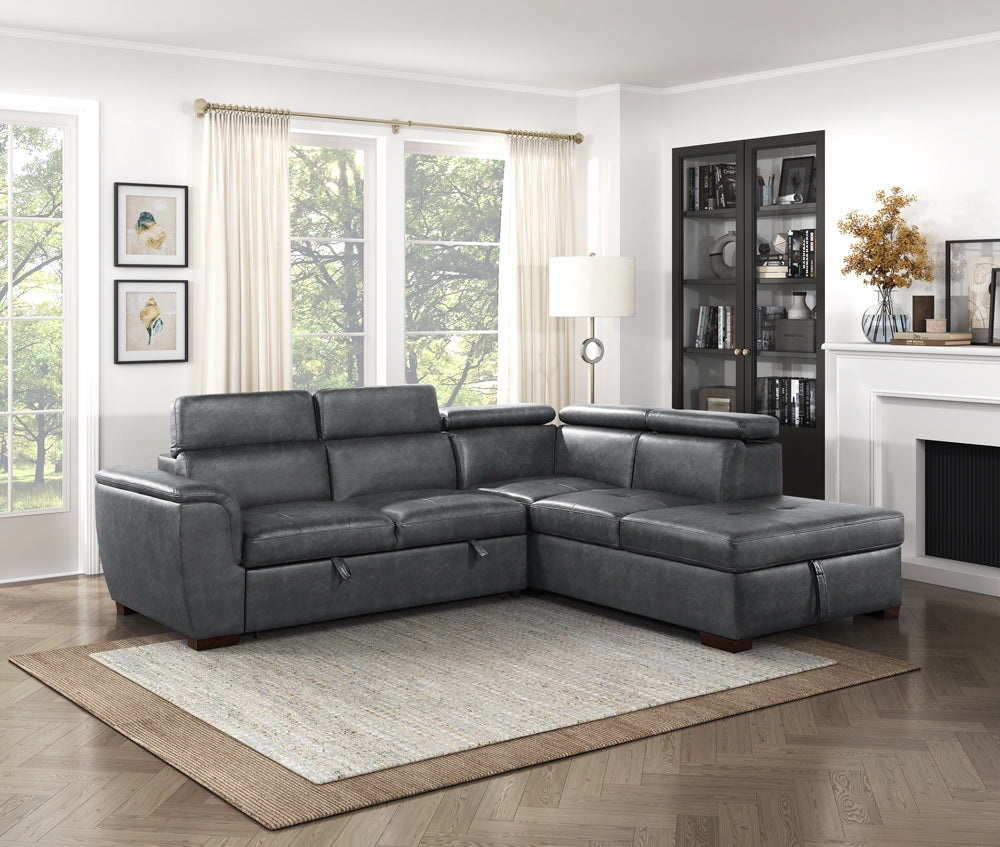 8567GY*SC (2)2-Piece Sectional with Pull-out Bed and Right Chaise with Hidden Storage, Adjustable Headrests - 8567GY*SC - Bien Home Furniture &amp; Electronics