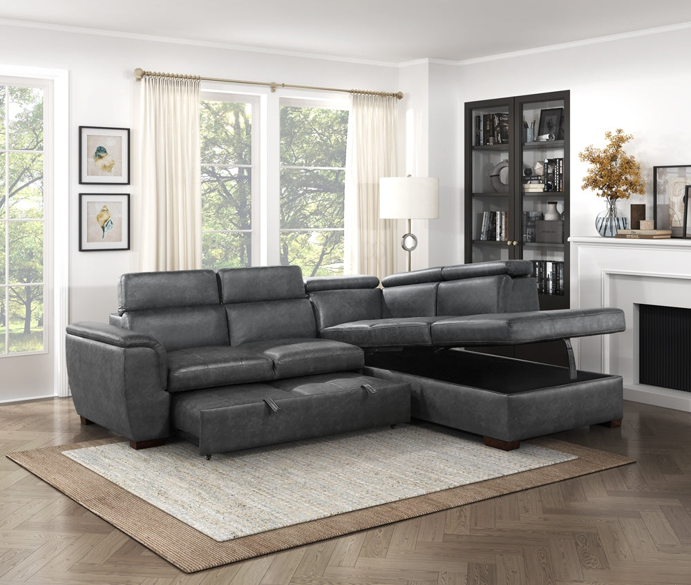8567GY*SC (2)2-Piece Sectional with Pull-out Bed and Right Chaise with Hidden Storage, Adjustable Headrests - 8567GY*SC - Bien Home Furniture &amp; Electronics