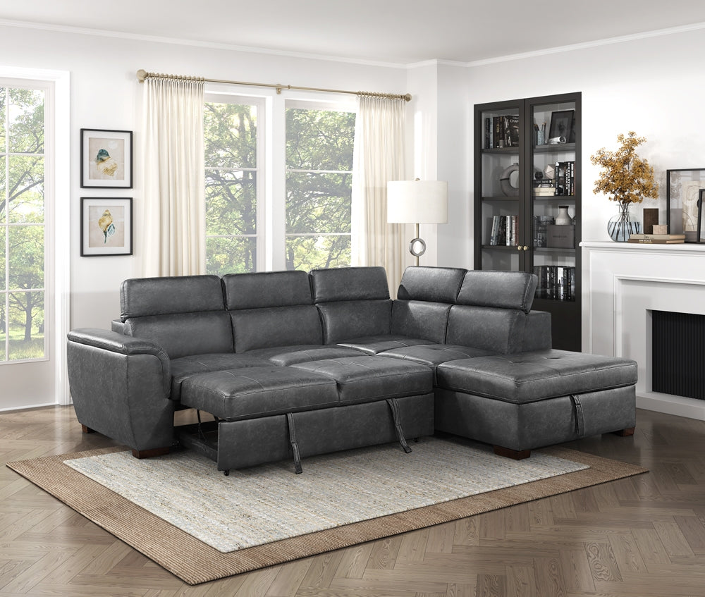 8567GY*SC (2)2-Piece Sectional with Pull-out Bed and Right Chaise with Hidden Storage, Adjustable Headrests - 8567GY*SC - Bien Home Furniture &amp; Electronics