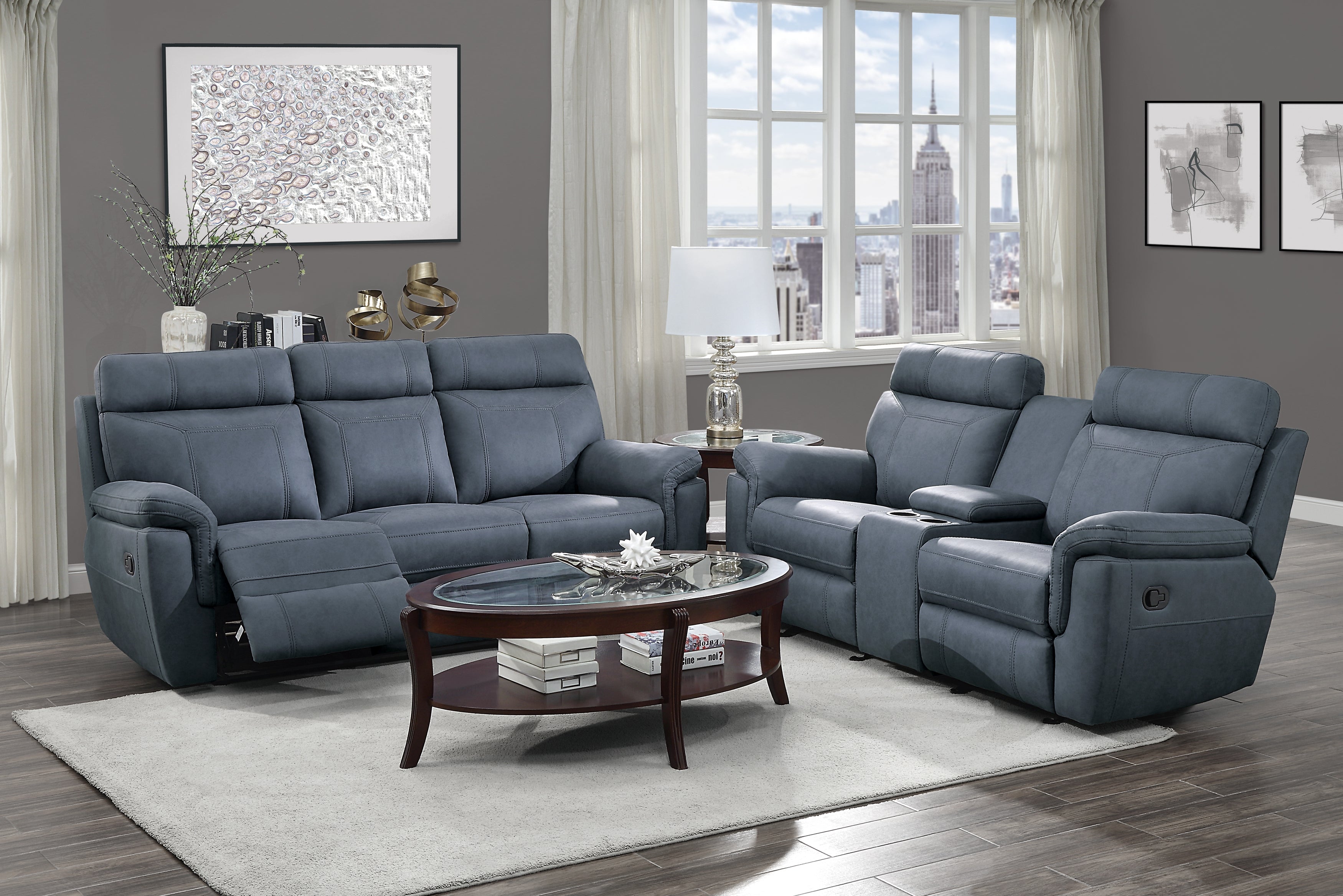 9301BUE-2 Double Glider Reclining Love Seat with Center Console - 9301BUE-2 - Bien Home Furniture &amp; Electronics