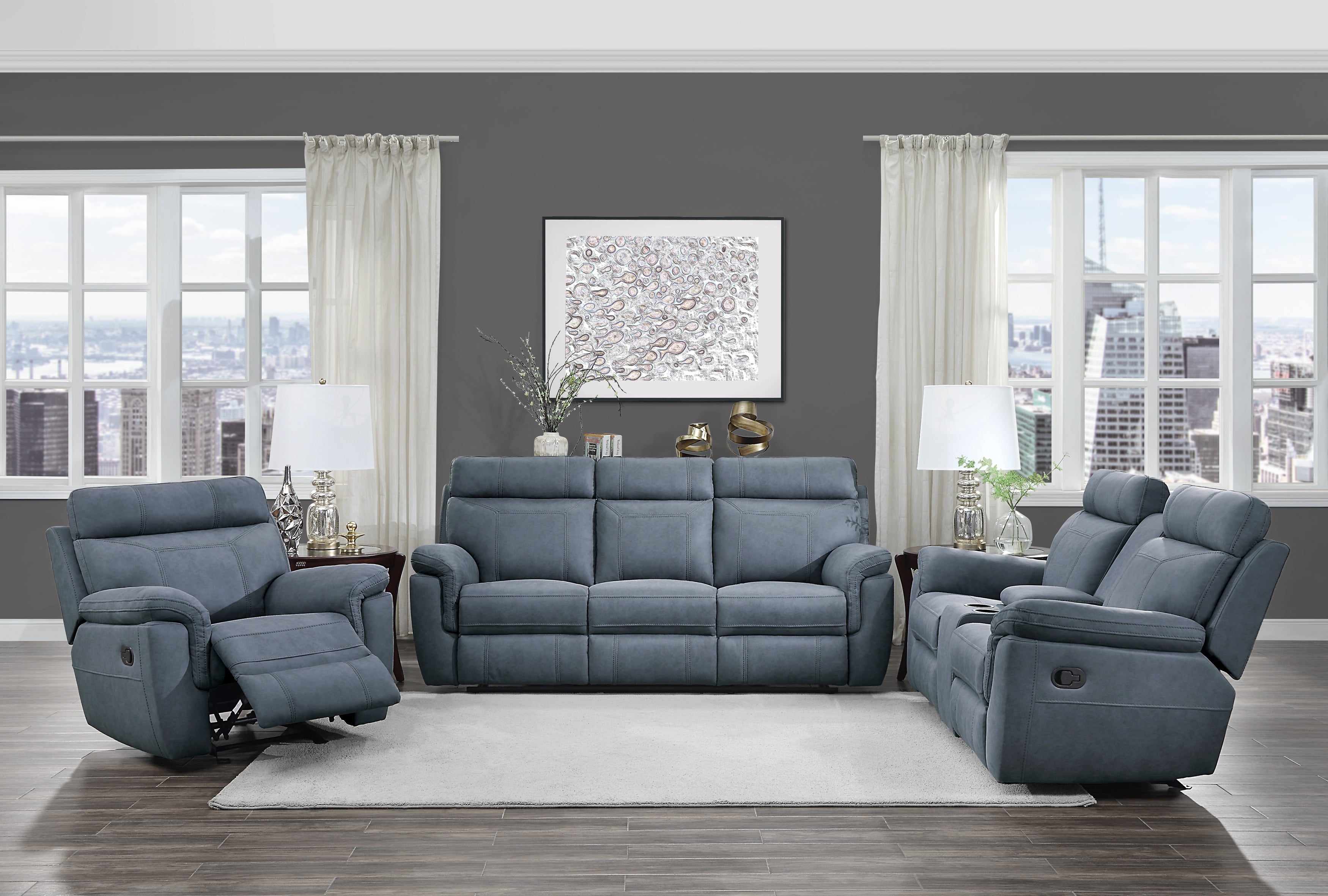 9301BUE-3 Double Reclining Sofa with Center Drop-Down Cup Holders - 9301BUE-3 - Bien Home Furniture &amp; Electronics