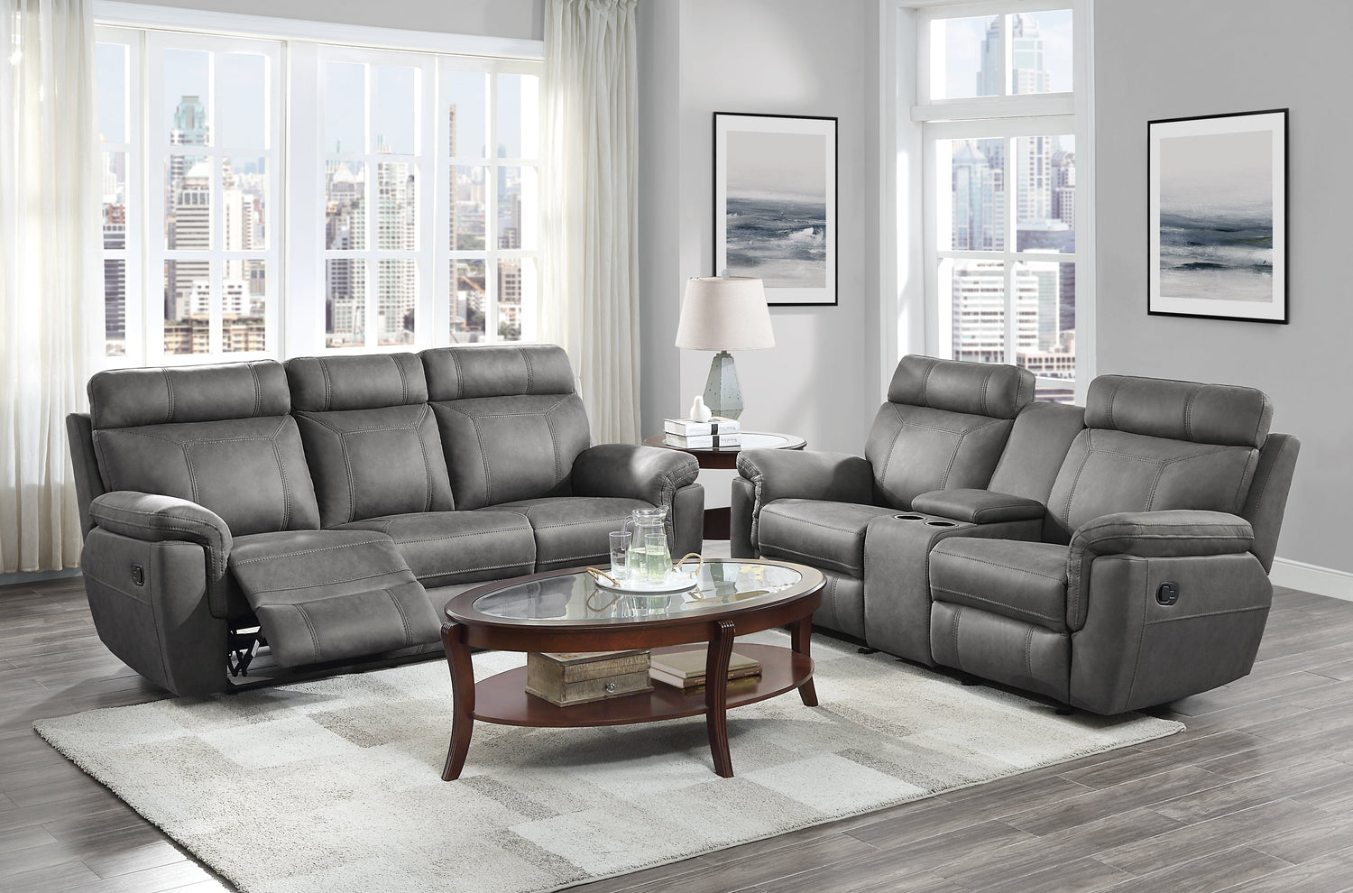 9301GRY-3 Double Reclining Sofa with Center Drop-Down Cup Holders - 9301GRY-3 - Bien Home Furniture &amp; Electronics