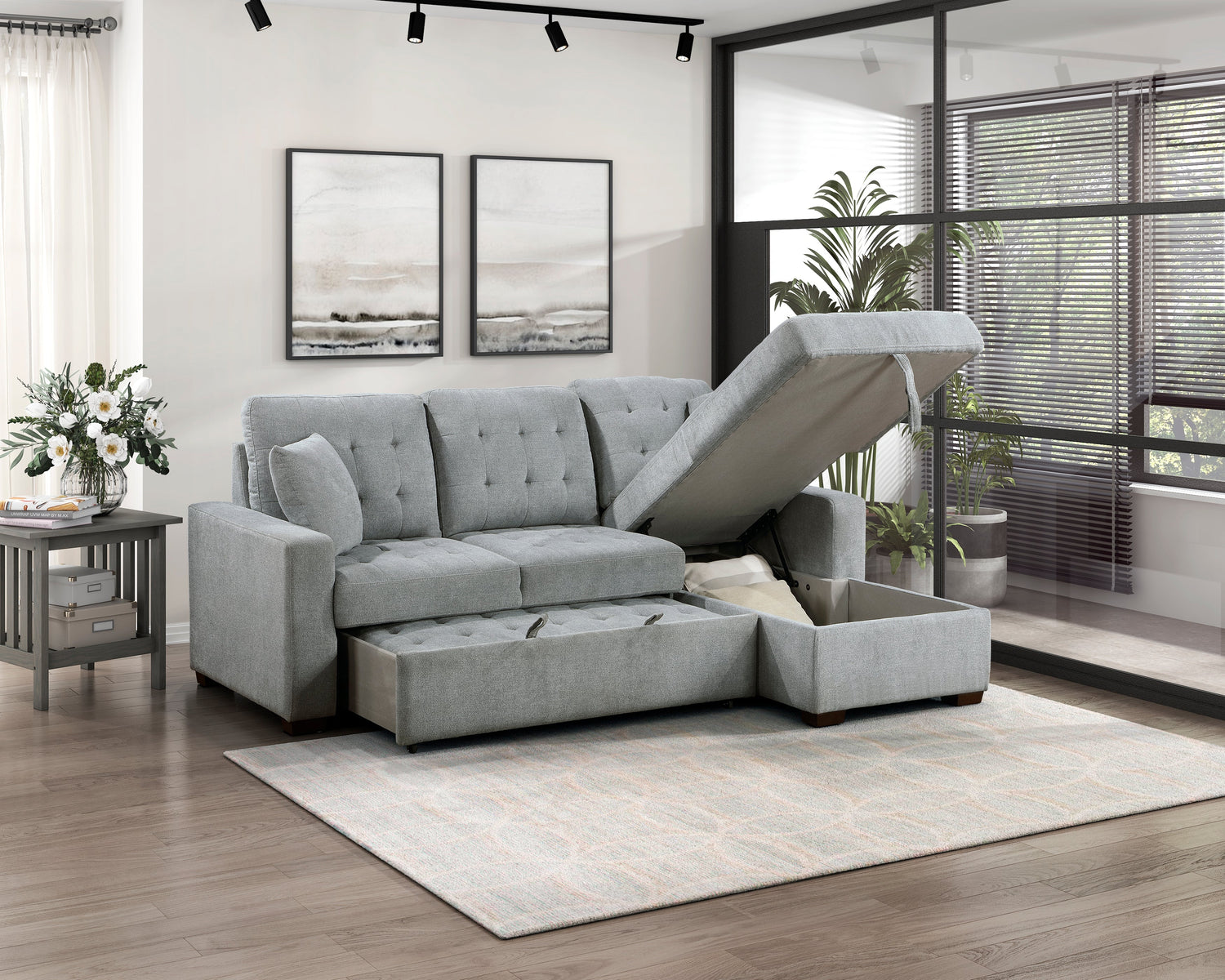 9816GY*SC (2)2-Piece Sectional with Pull-out Bed and Right Chaise with Hidden Storage - 9816GY*SC - Bien Home Furniture &amp; Electronics