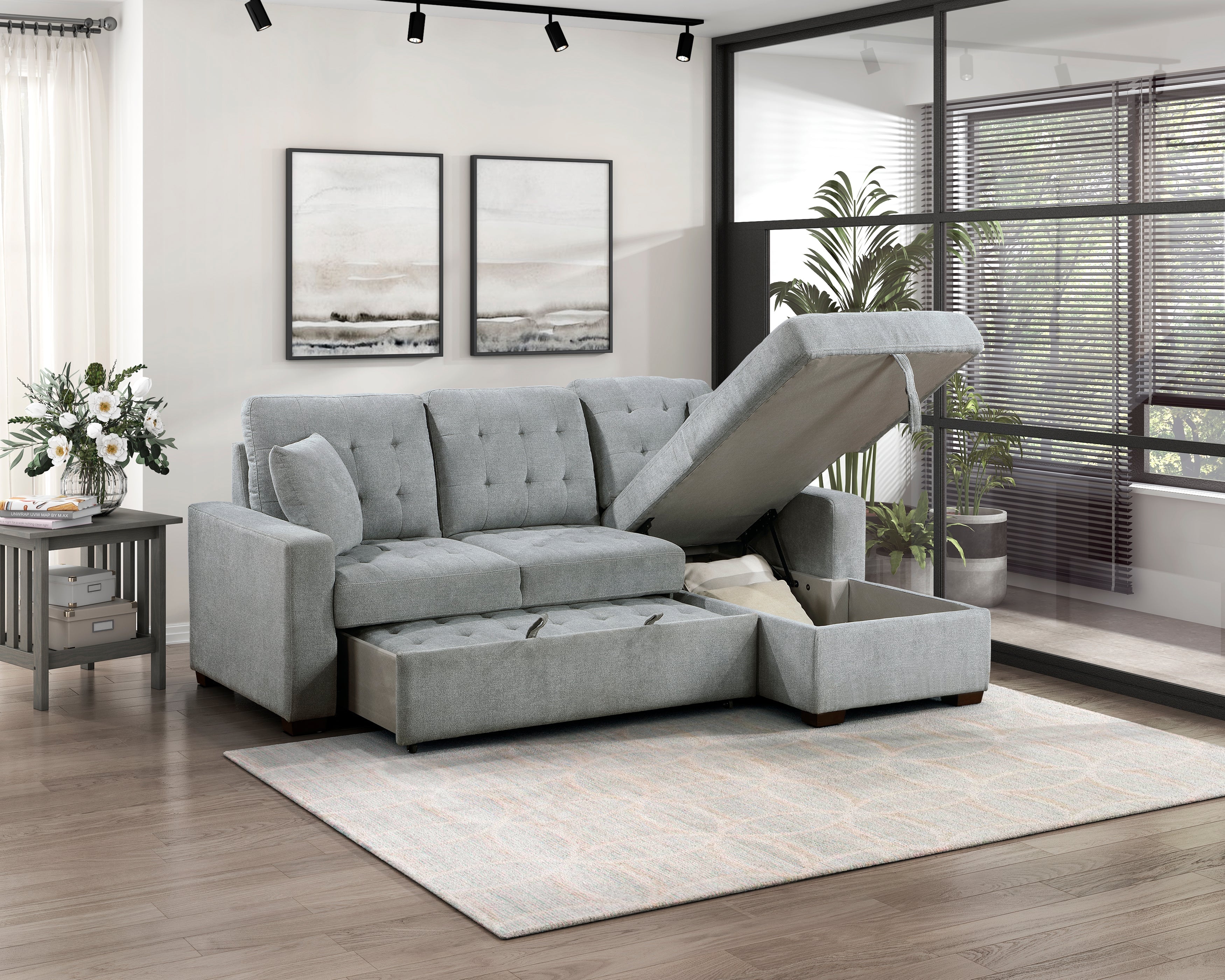 9816GY*SC (2)2-Piece Sectional with Pull-out Bed and Right Chaise with Hidden Storage - 9816GY*SC - Bien Home Furniture &amp; Electronics