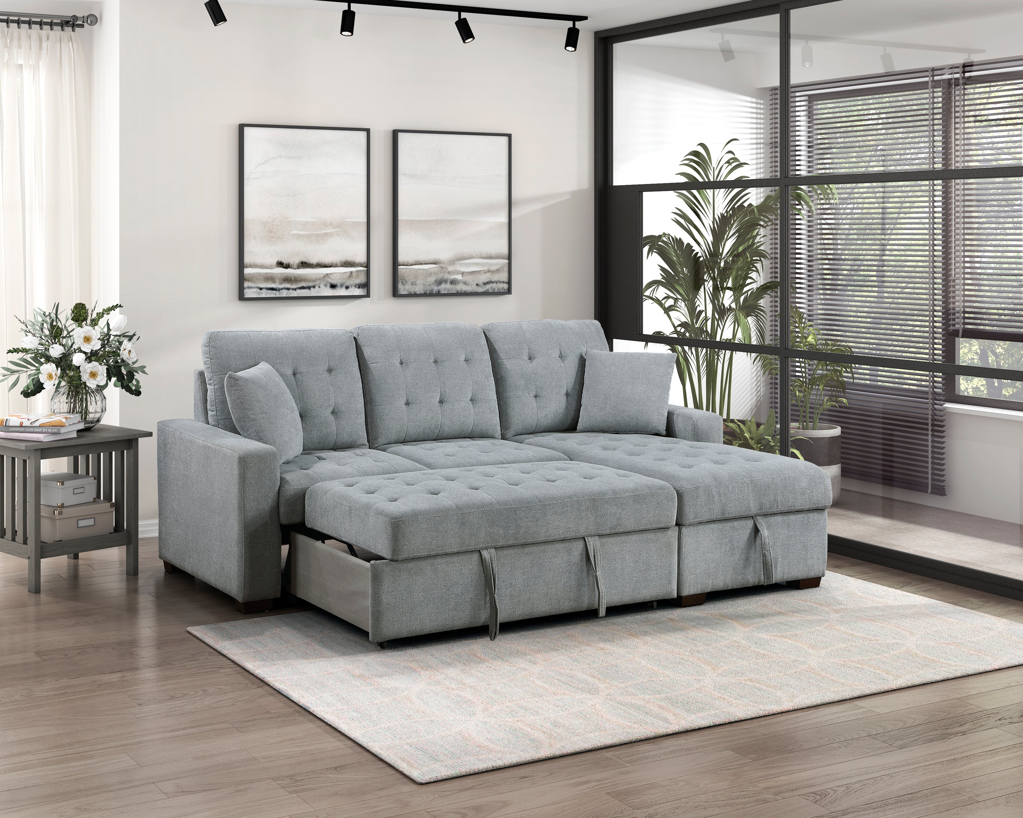 9816GY*SC (2)2-Piece Sectional with Pull-out Bed and Right Chaise with Hidden Storage - 9816GY*SC - Bien Home Furniture &amp; Electronics